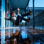 Person slipping on a wet floor.