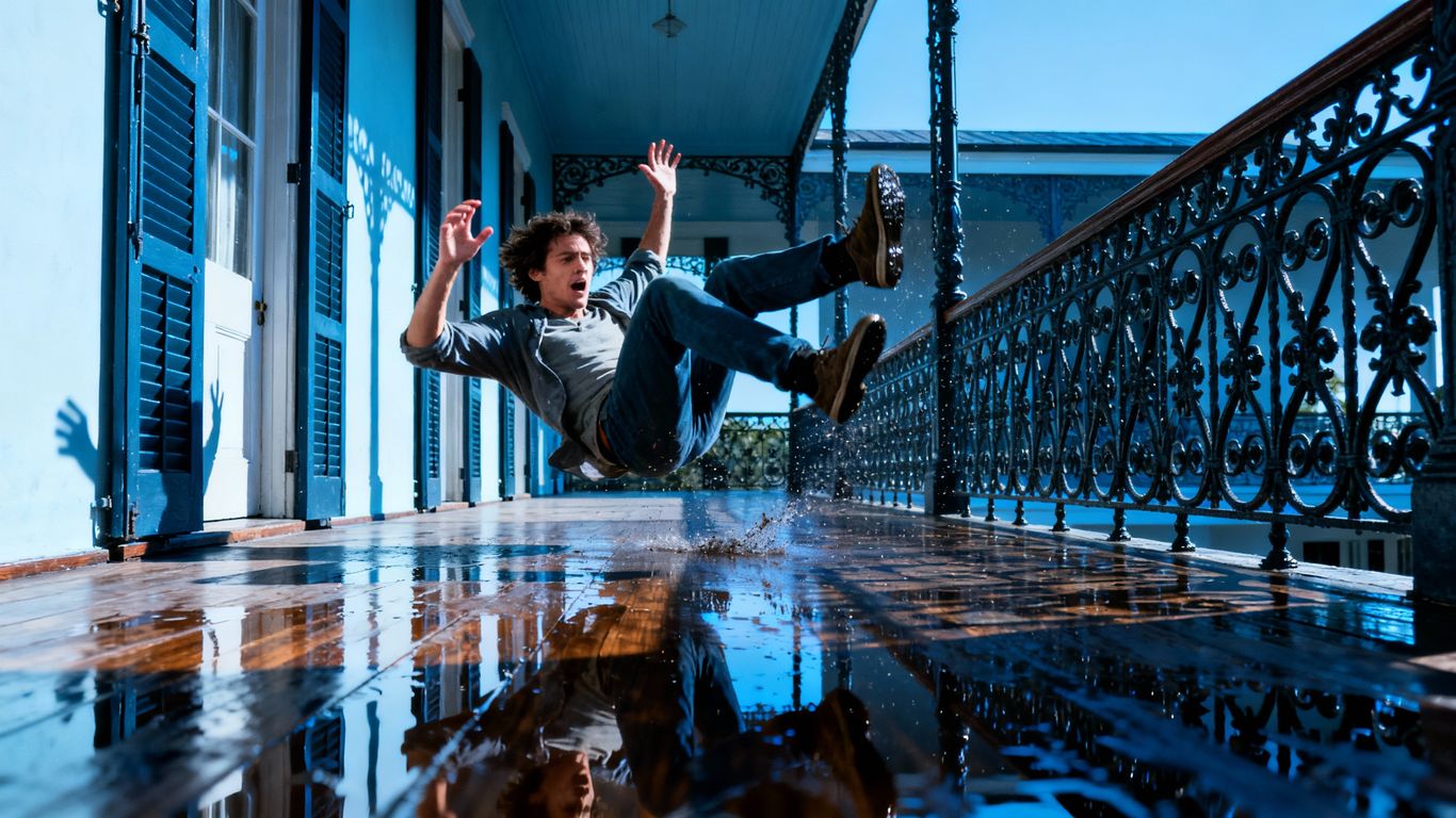 Person slipping on a wet floor.