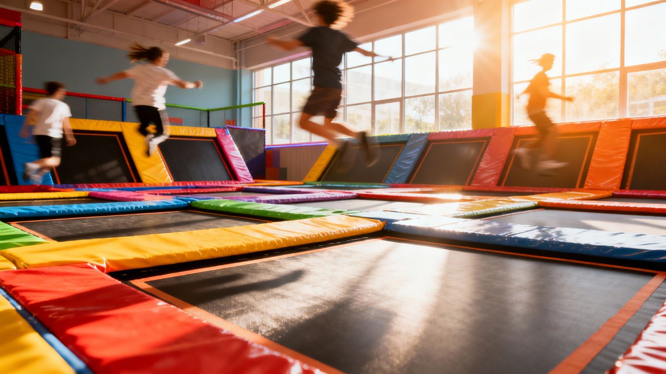 Indoor trampoline parks with people jumping.