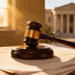 Gavel on legal document with courthouse background.
