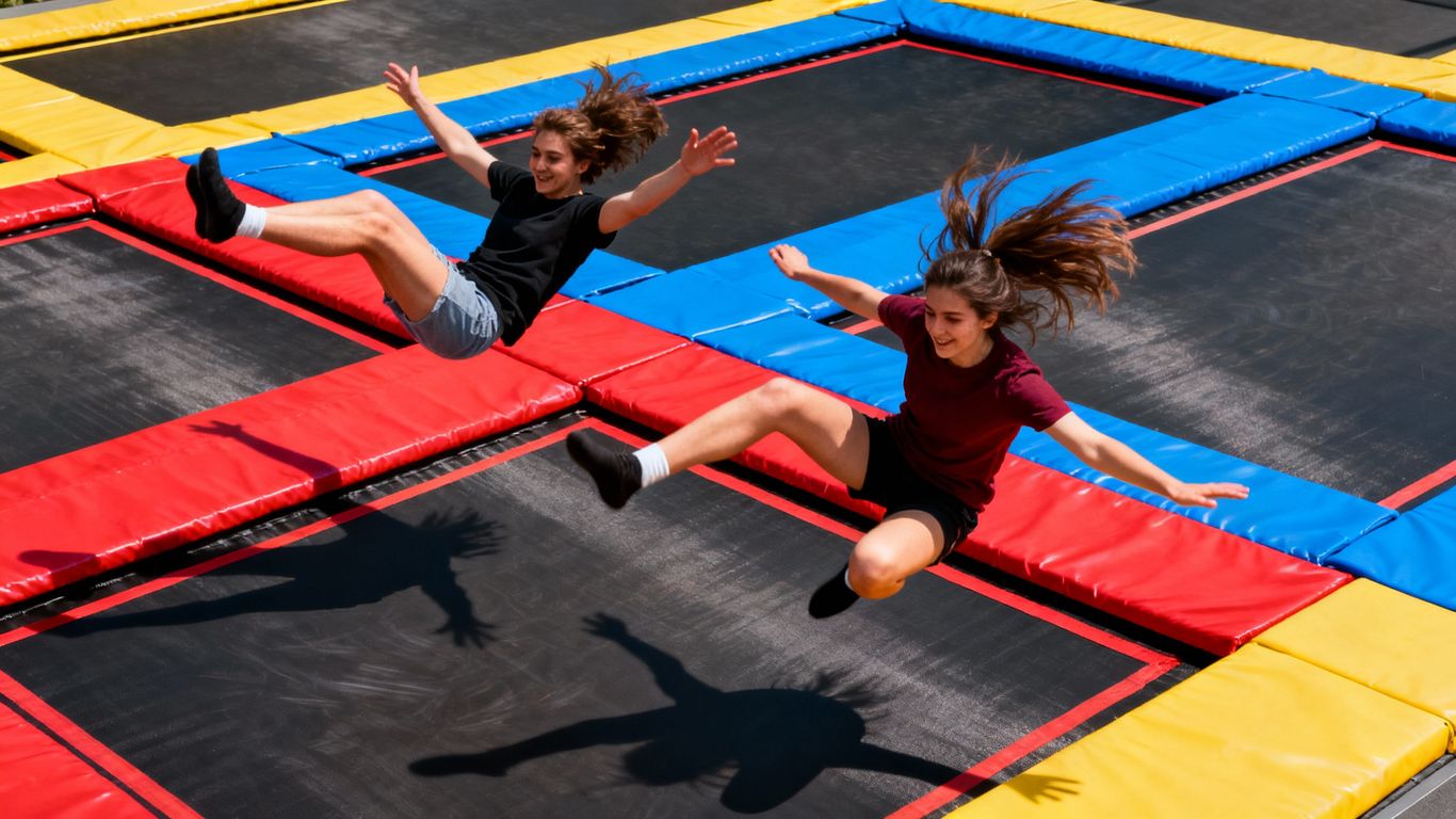 People jumping high in a colorful trampoline park.