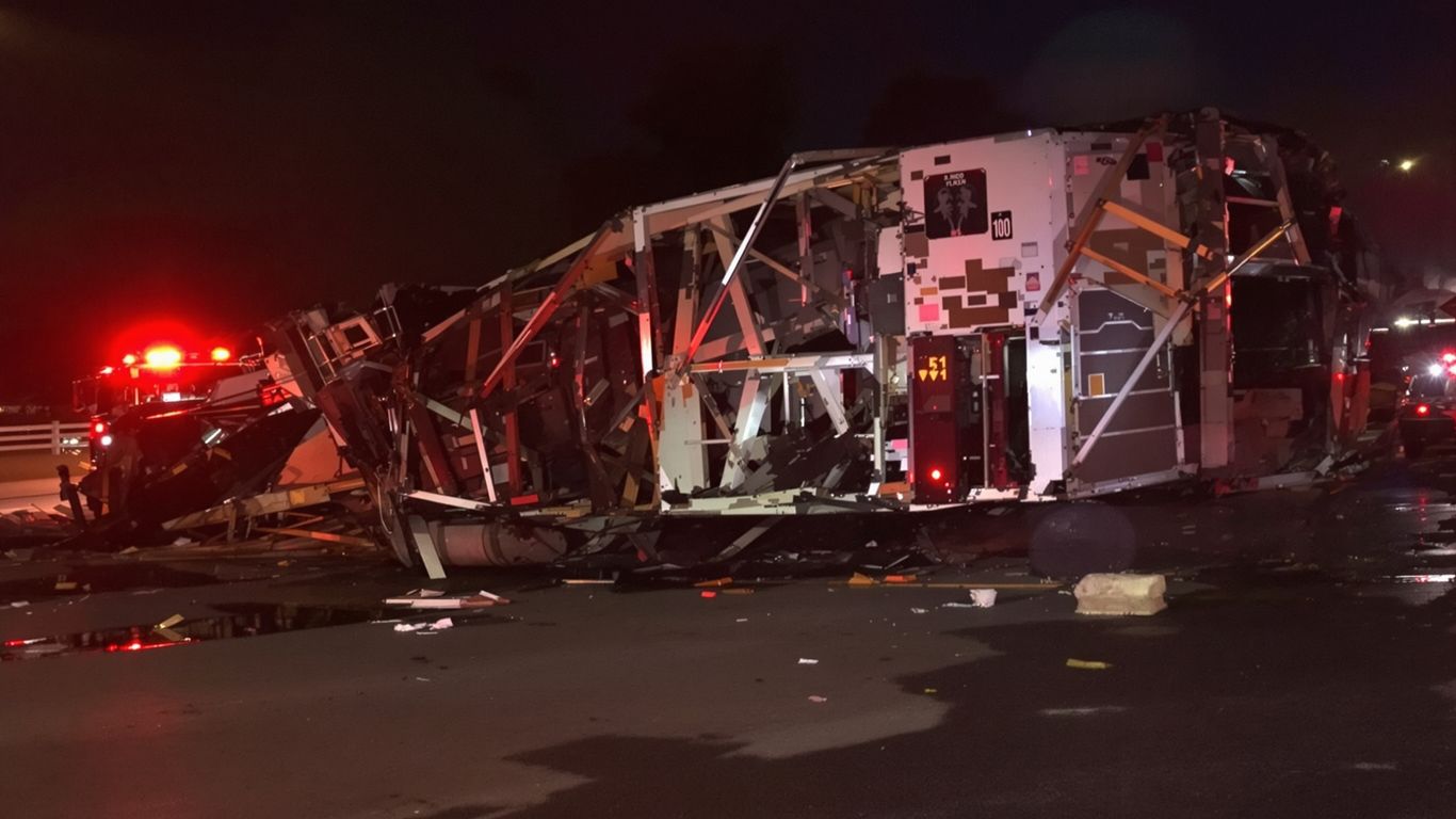 Damaged semi-truck lying on its side after an accident.
