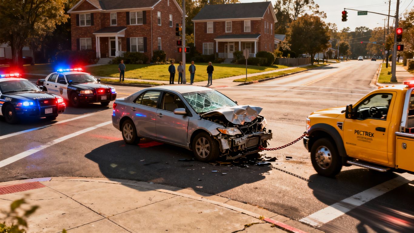 Crumpled rental car at Peachtree intersection after accident.